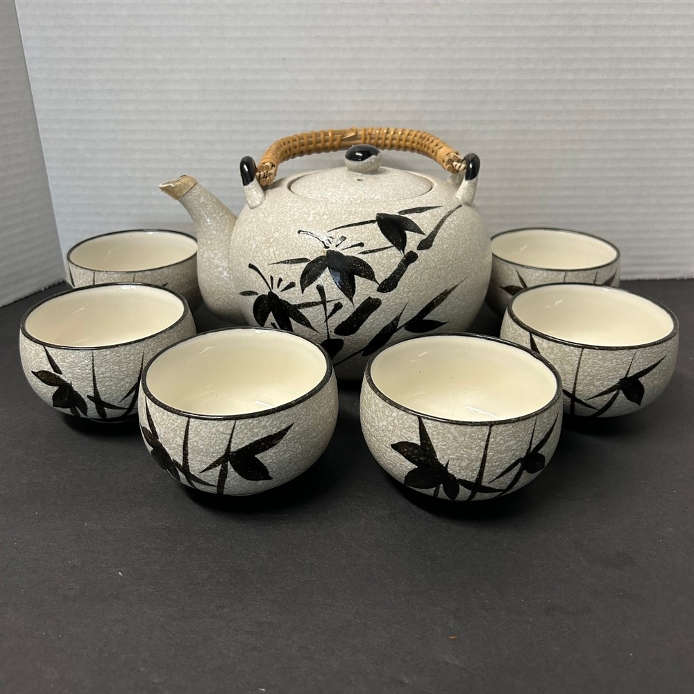 Japanese Tea Set Cream Bamboo Leaf Speckled Ceramic Teapot 6 Cups